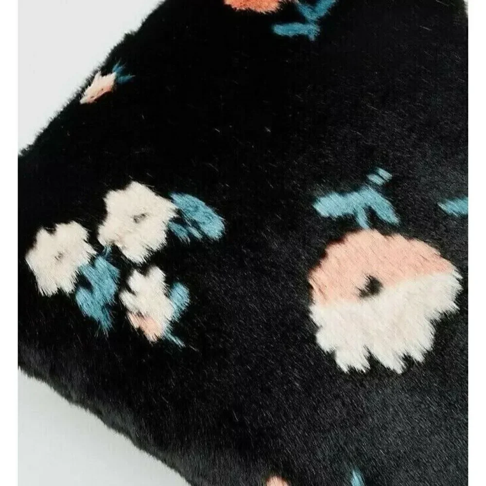 Anthropologie Flora Faux Fur Pillow Black Floral Pattern 20